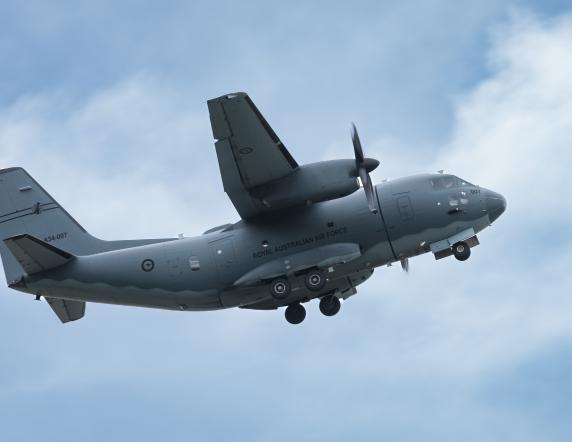 A Royal Australian Air Force C-27J Spartan aircraft departs Port Morseby airport, Papua New Guinea, during the Defence Pacific Air Program 24-2.