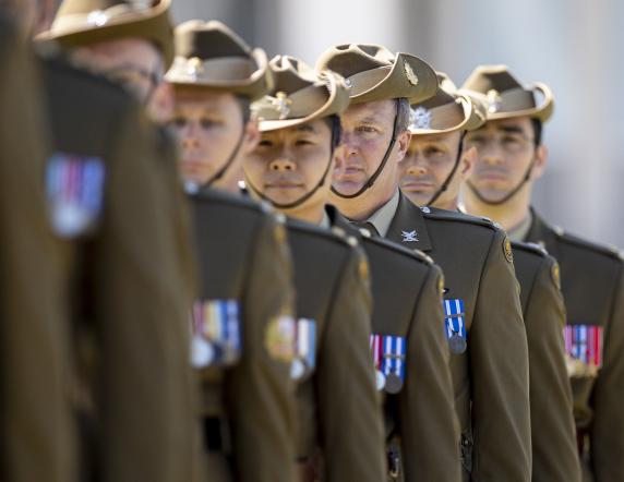 Australian Army Aviation personnel march on the parade ground at Russell Offices, Canberra to mark the establishment of the new Army Aviation Command