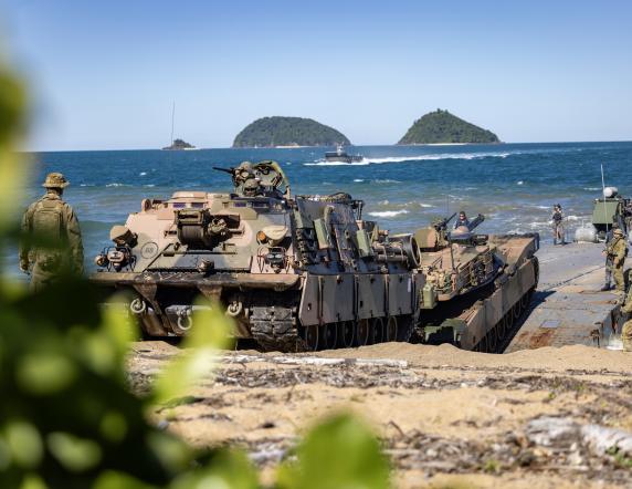 Members of the Australian Amphibious Force conduct an M1A1 Abrams tank recovery exercise during Wet and Dry Environment Rehearsals at Cowley Beach Training Area.
