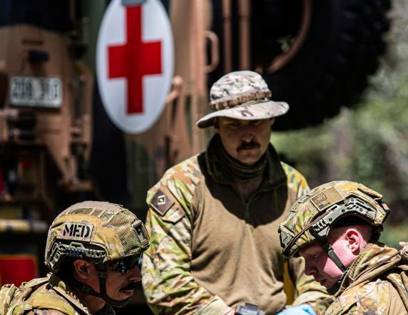 Australian Army medics from 2nd Health Battalion provide emergency medical care to simulated casualties at the point of injury during Exercise Viper Walk 2024.