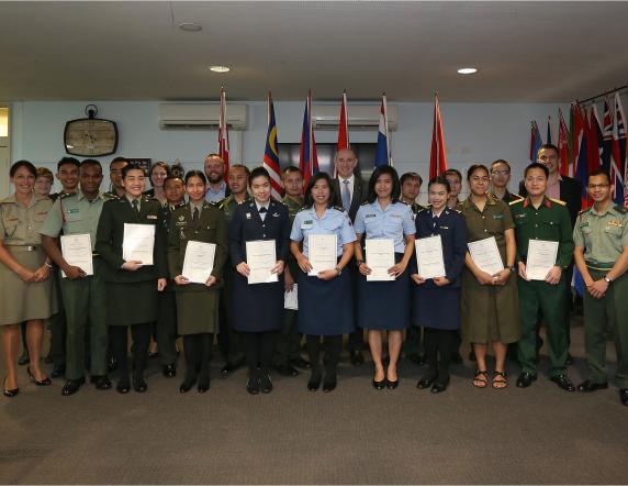 Caption: Graduates and dignitaries at the graduation of the Methodology of English Language Training Course (MELT) at the Defence International Training Centre (DITC), RAAF Base Williams, Laverton, Victoria.