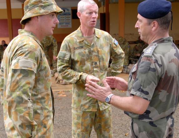 20080331adf8500210_050.JPG Pictured is No.1 Armoured Regiment Private Christoph Le Gall,21, (left) interpreting for Major Phil Carson, No.1 Armoured Regiment second-in-charge. They are talking to Captain Florent Ramazeilles, a French artillery officer at the French Marine Regiment's base in Plum.