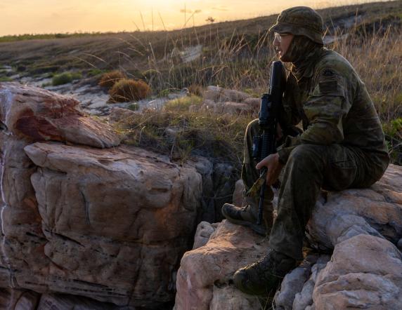 Australian Army soldier Private Andrew Dai from North-West Mobile Force looks out for signs of crocodiles prior to launching boats to continue surveillance patrols through the Kimberley region of Western Australia in October 2024.