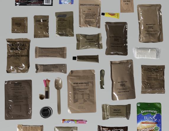 Items of a ratpack laid out on a surface.