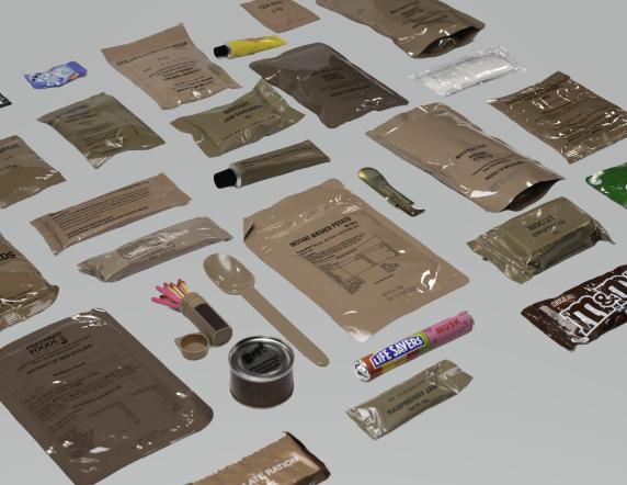 Items from an ADF ratpack are laid out on a surface.